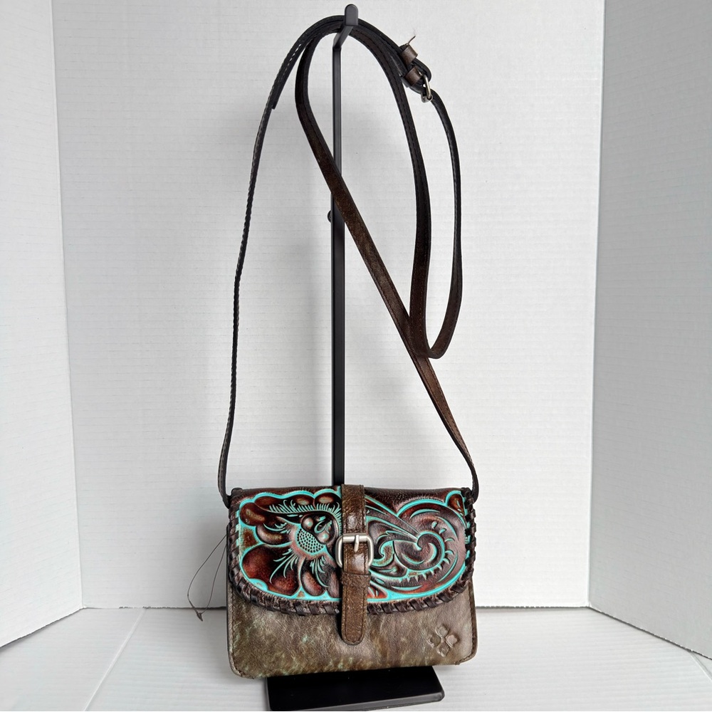 Patricia Nash Tooled Leather Crossbody Bag Brown Turquoise Floral Embossed